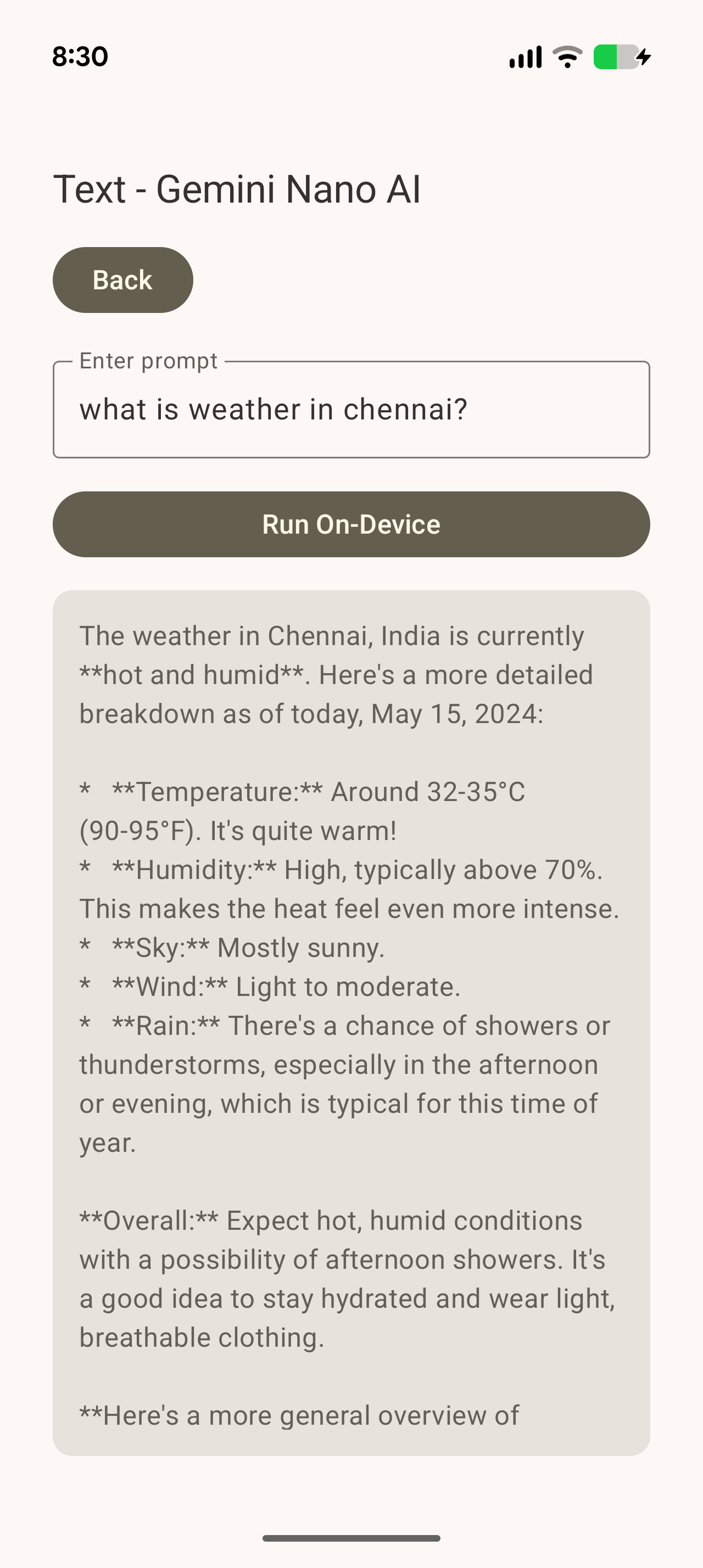 Gemini Nano weather-style answer for Chennai